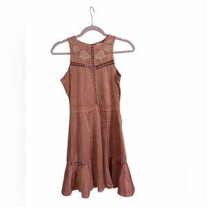 Skylar + Jade Embroidered Faux Suede Dress S. Blush Pink Boho Rose Cutout Mini